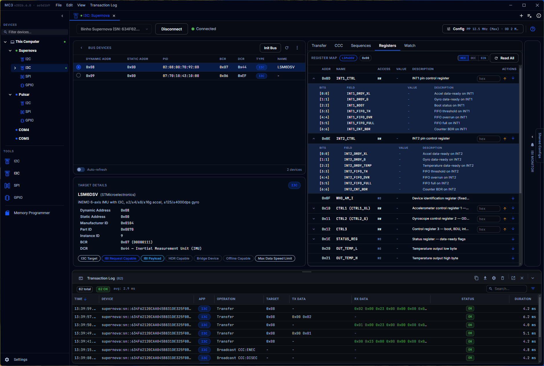 Mission Control 3 driving an I3C bus on a Binho Supernova (dark theme)