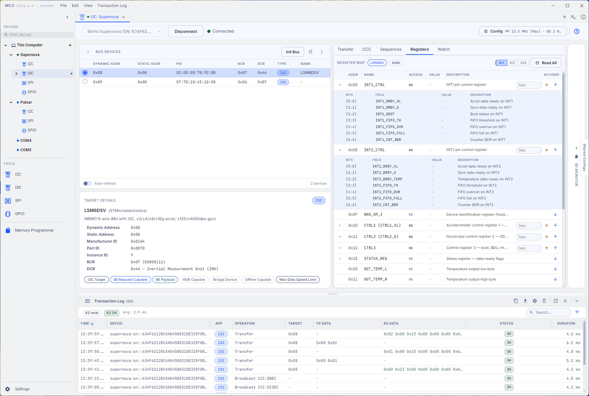 Mission Control 3 driving an I3C bus with a Binho Supernova: bus devices, dynamic addresses, register map, and a live transaction log