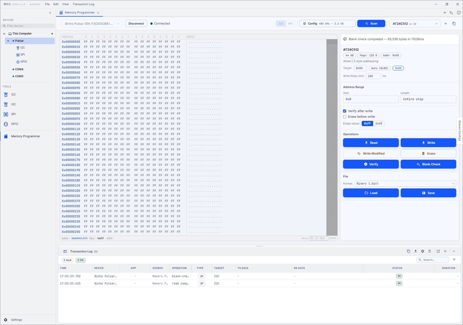 Mission Control 3 Memory Programmer: hex editor, AT24C512 EEPROM preset, read/write/verify/blank-check operations, and a live transaction log, driving a Binho Pulsar over I²C