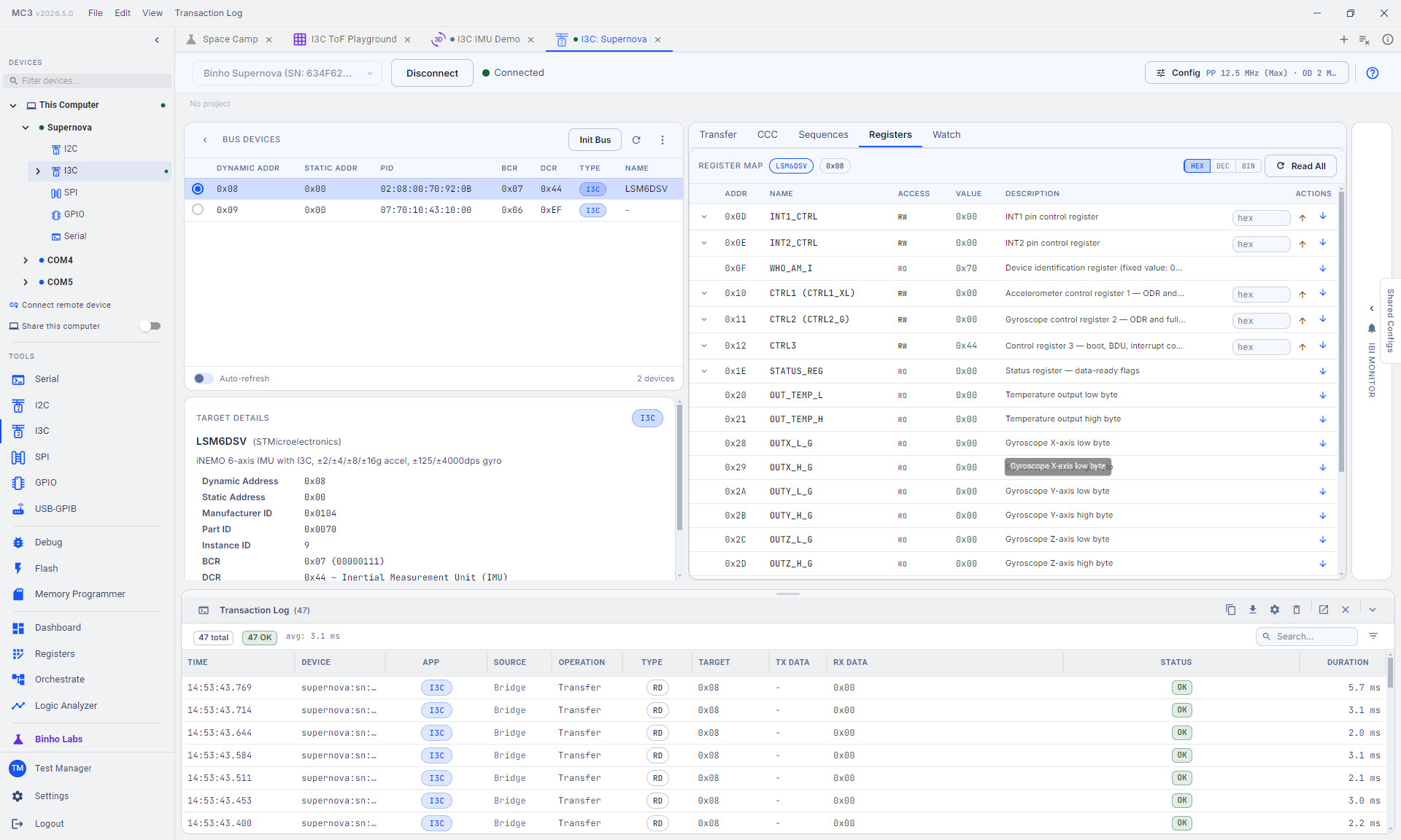 Mission Control 3 showing tabbed projects, an I3C device tree, register map, and a live transaction log