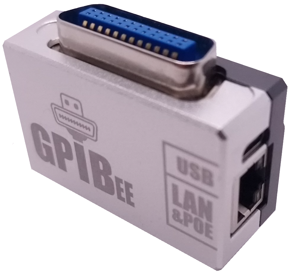 GPIBee USB & Ethernet to GPIB adapter — machined-aluminum housing with 24-pin IEEE-488 connector, USB-C, and RJ45 Ethernet