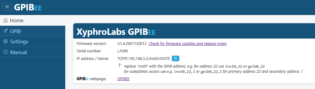 The GPIBee web interface: a sidebar with Home, GPIB, Settings, and Manual, and a main panel showing firmware version, serial number, and the copyable VISA resource string