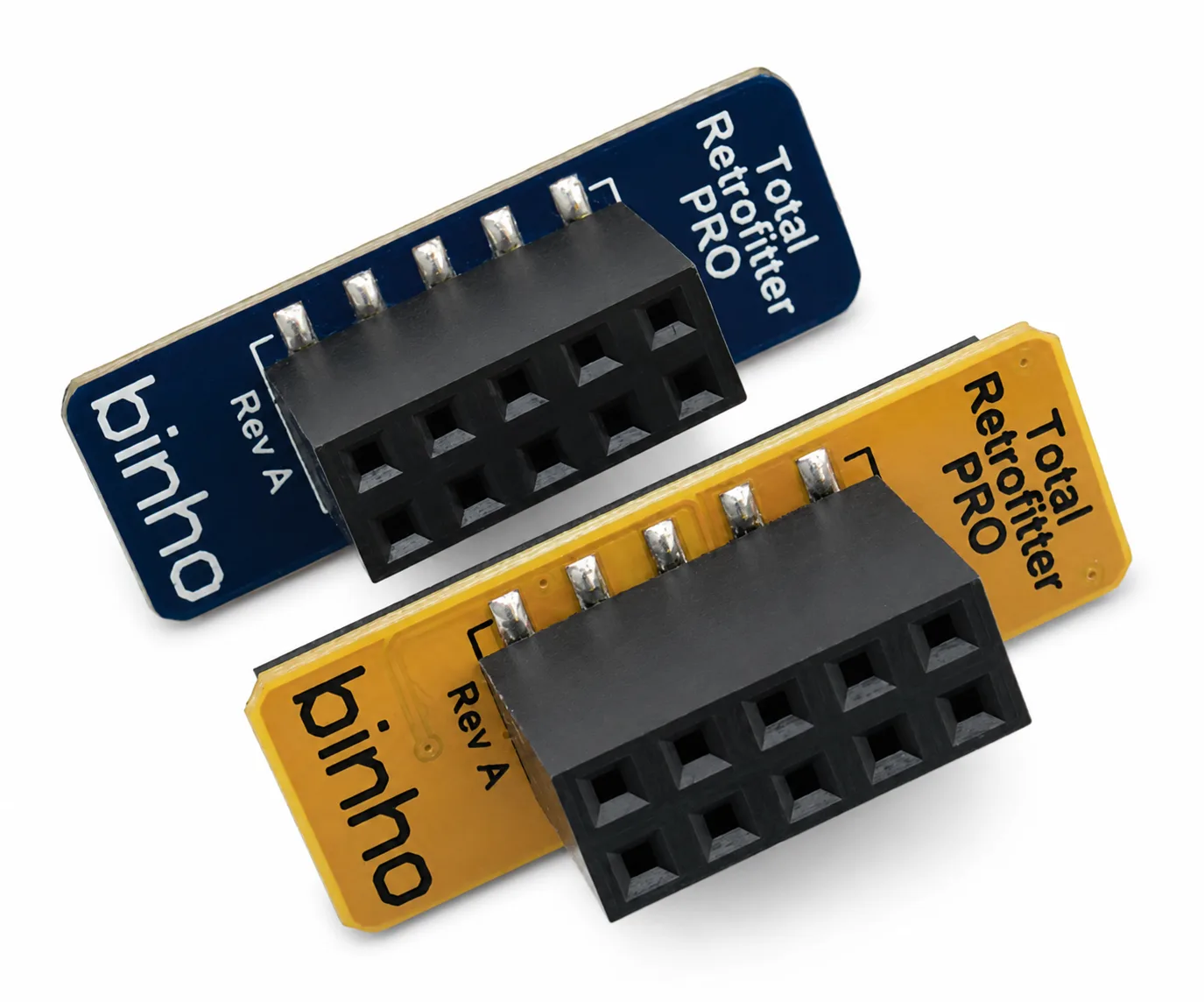 The two Binho Total Retrofitter Pro adapters, one for I²C and one for SPI